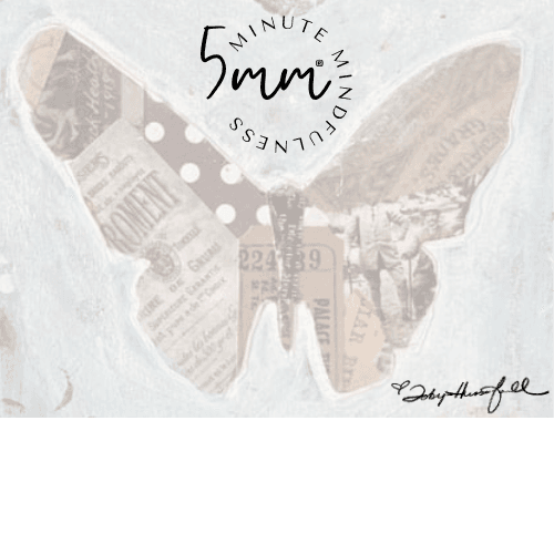 5 Minute Mindfulness logo over a light mixed-media collage butterfly